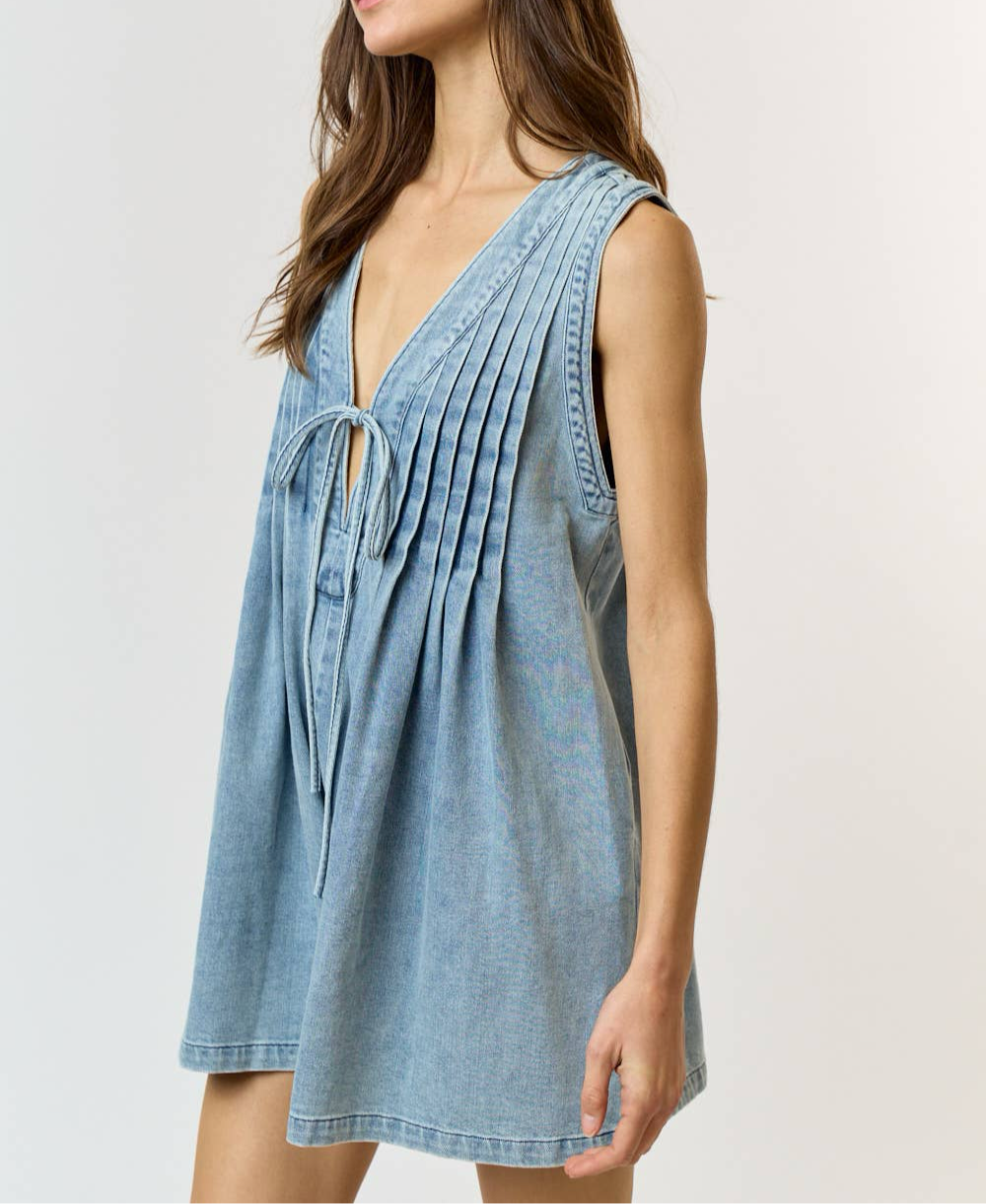 PLEATED DENIM SLEEVELESS ROMPER