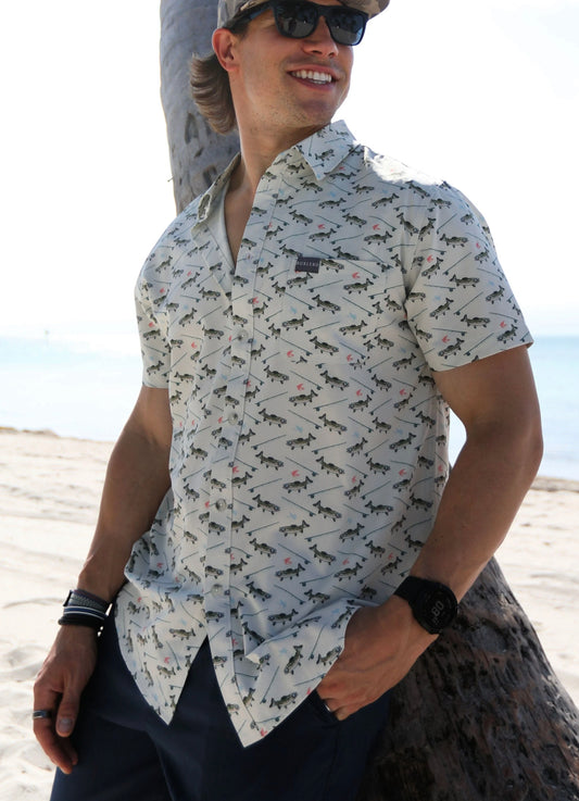 fish and reel button up